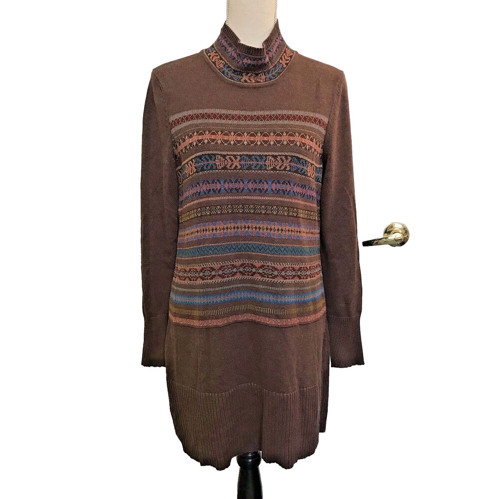 Peruvian Connection Sweater Dress M Brown Fair Isle Mock Neck 100% Pima Cotton